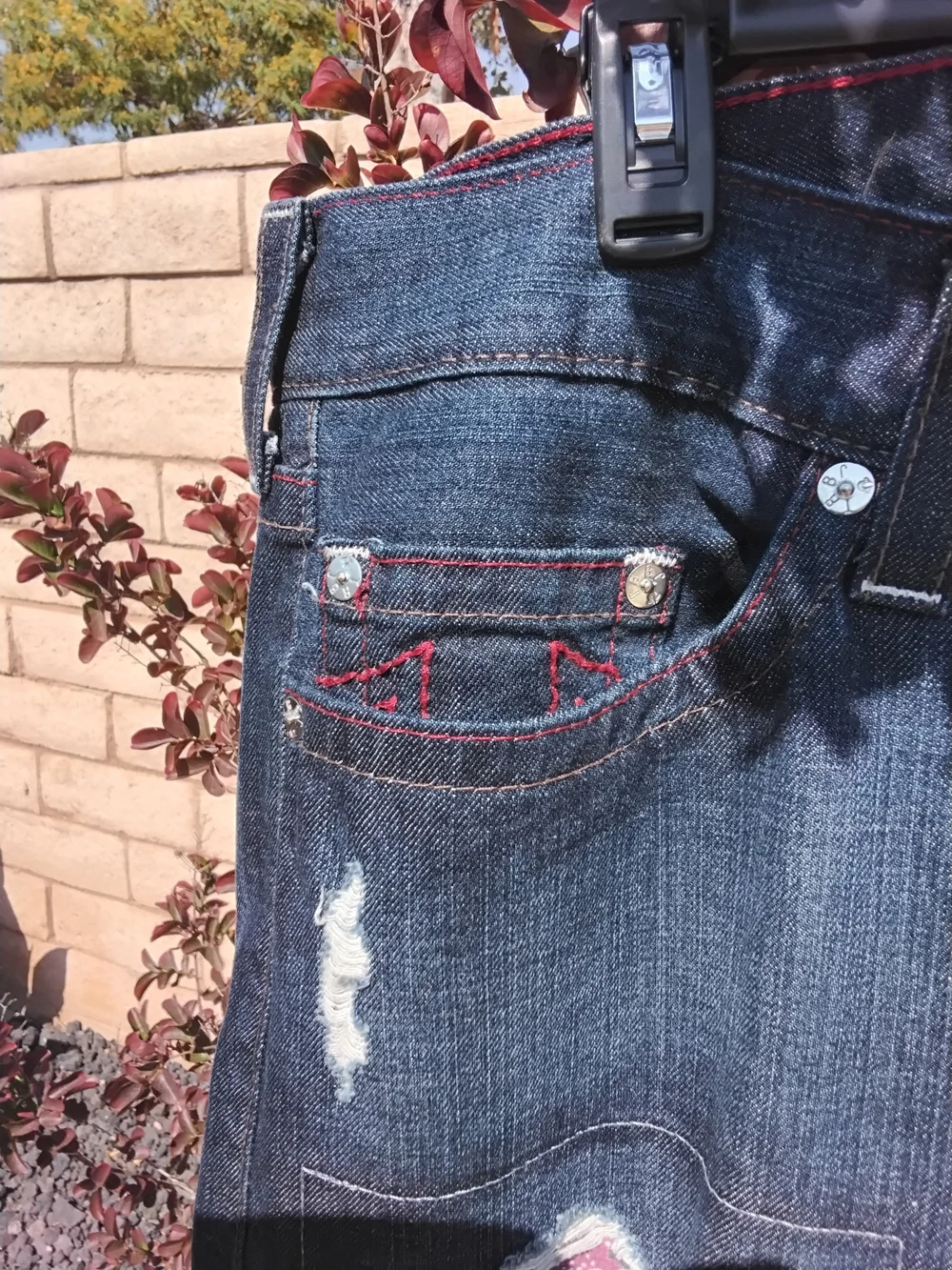 True Religion Mens Jeans Dark Wash Jeans with Red Stitching